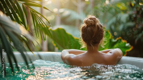 Backyard Serenity: Woman Enjoying a Relaxing Soak in Outdoor Hot Tub photo