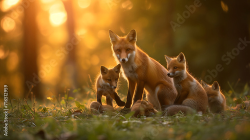 A family of red foxes in the forest during sunrise. World wildlife day concept © Tazzi Art