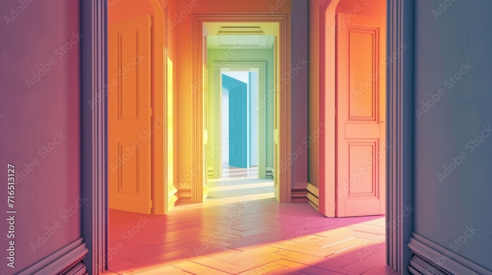 Kaleidoscopic Vision: A Vibrant Hallway in Surreal Colors Kaleidoscopic Vision: A Vibrant Hallway in Surreal Colors