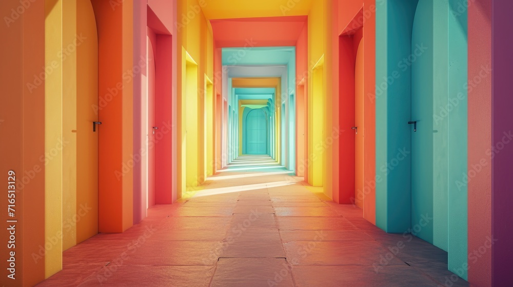 Fototapeta premium Kaleidoscopic Vision: A Vibrant Hallway in Surreal Colors