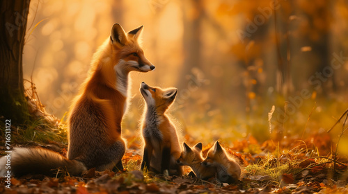 A family of red foxes in the forest during sunrise. World wildlife day concept