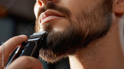 Man Trimming Beard with Electric Trimmer - Grooming Routine Close-Up photo