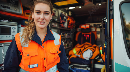 Confident Female Paramedic in Front of Ambulance