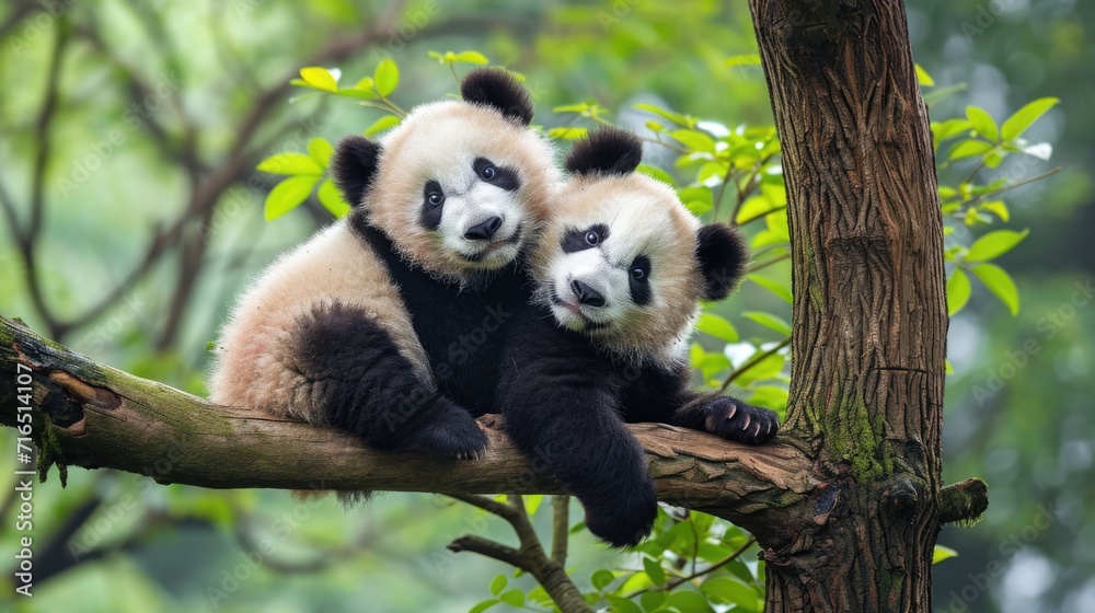 Fototapeta premium Two Panda Cubs Playing in a Tree - Adorable Wildlife Photography