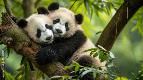 Two Panda Cubs Playing in a Tree - Adorable Wildlife Photography