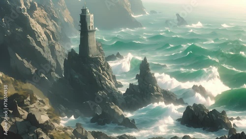 From the top of the tower, one could see nothing but emptiness and solitude, the only sounds the distant cries of seagulls and the crash of waves against the jagged rocks. Fantasy animatio photo