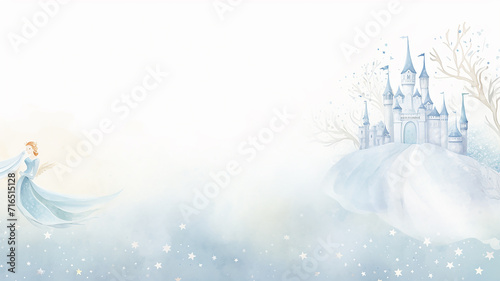 fairy princess castle, light blue watercolor on a white background, illustration for a children's book photo
