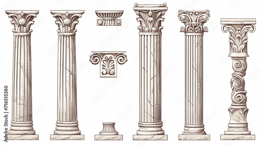 ancient marble columns set collection of isolated architectural elements on a white background - obrazy, fototapety, plakaty 