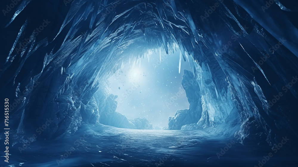background ice tunnel, cave, abstract cold blue passage, hole in the winter world fantasy graphics - obrazy, fototapety, plakaty 