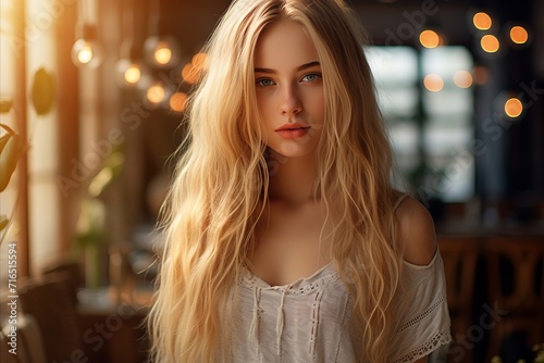 Beautiful blonde with long hair on the background of a stylish cafe