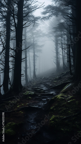 foggy landscape in a coniferous forest  gloomy autumn view twilight cold evening in a mountain forest  vertical panorama of tall trees