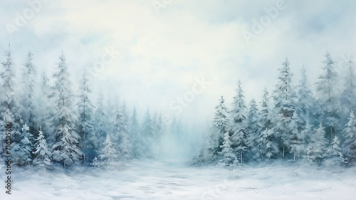 fog in the winter forest landscape at dawn, calm wildlife, bright white panoramic view