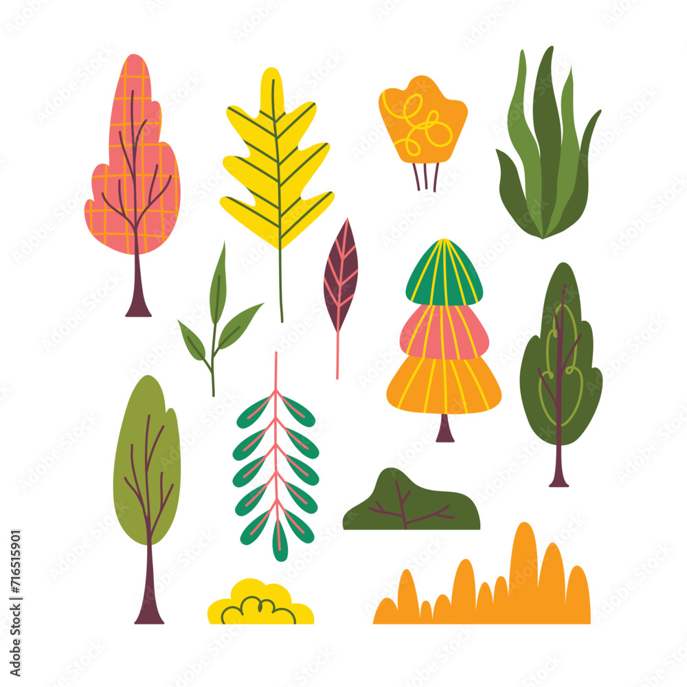 Cartoon Color Differen Plants and Trees Icons Set Autumn Season Concept Flat Design Style. Vector illustration of Seasonal Foliage