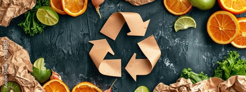 Food scraps and a cardboard recycle symbol on used paper, depicting organic recycling and composting. photo