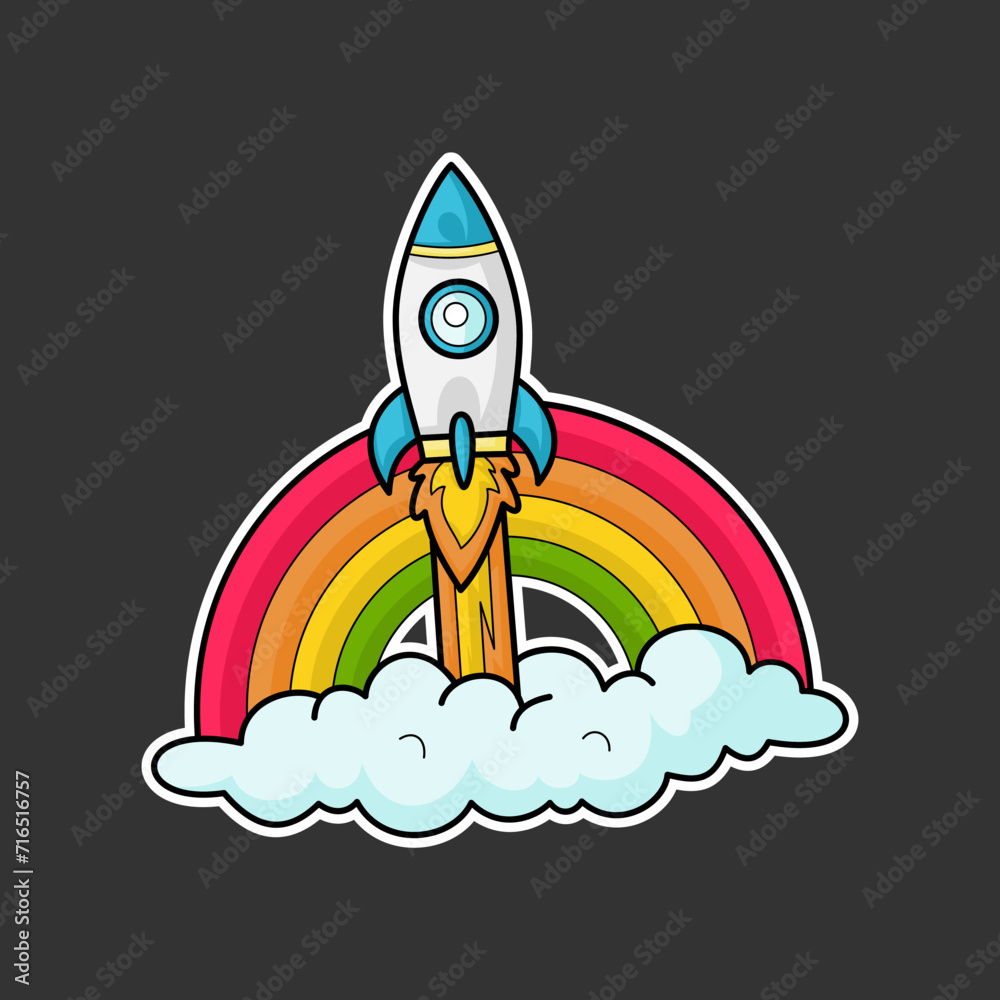 sticker of a rocket launching, cartoon style.