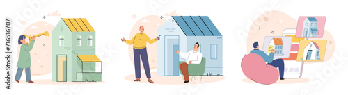 Buying and choosing housing. Vector illustration The sale property generated significant interest in market The buyers investment in real estate proved to be wise and profitable The purchase house