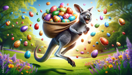 easter kangaroo with easter eggs, generative AI photo