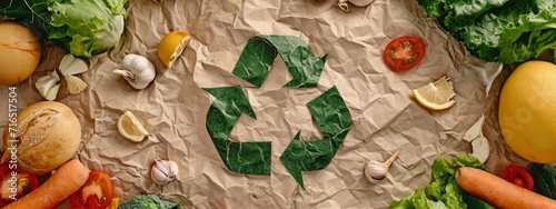 Fresh vegetables and a brown paper recycle symbol, embodying sustainable living and healthy food choices.