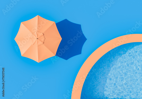 3d rendering of an orange outdoor umbrella next to a circular swimming pool on a vibrant blue background. Minimalistic summer concept.