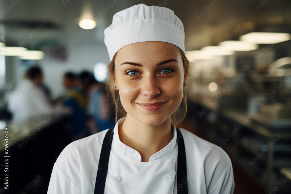 AI generated photography of professional chef in school canteen cooking meal