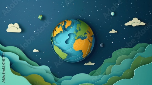 Planet earth in 3d paper cut style. World globe in space. Eco friendly concept for logotype. Vector illustration. Earth day illustration, save mother earth. 