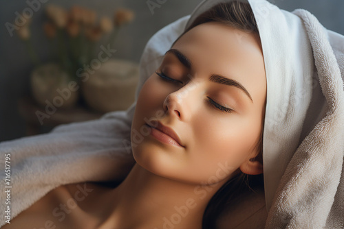 Lovely dreamy peaceful woman enjoying spa meditation generative AI