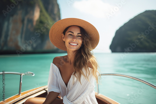 Generative AI image photo of charming lady swim in the sea luxury vacation on a cruise ship © Tetiana