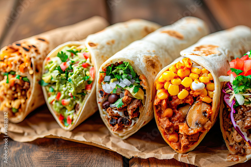 Five burritos with different ingredients. Macro view