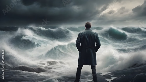 businessman in the storm, A man stands on a beach looking out to sea, Surfing in stormy sea with big waves and stormy sky generative ai