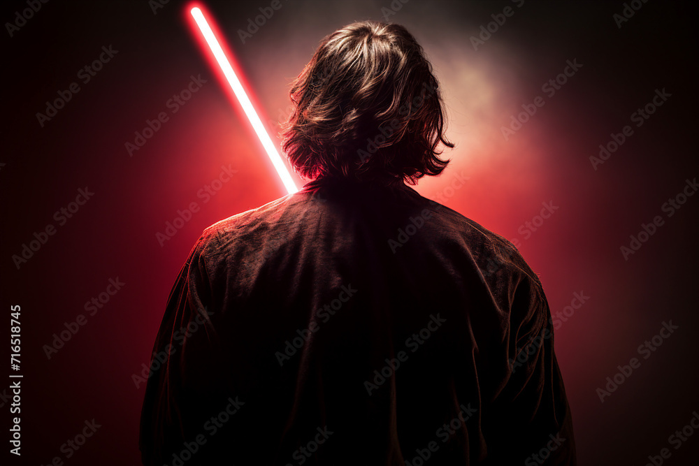 Generative AI image of standing samurai warrior with neon illuminated katana sword Generative AI image of standing samurai warrior with neon illuminated katana sword