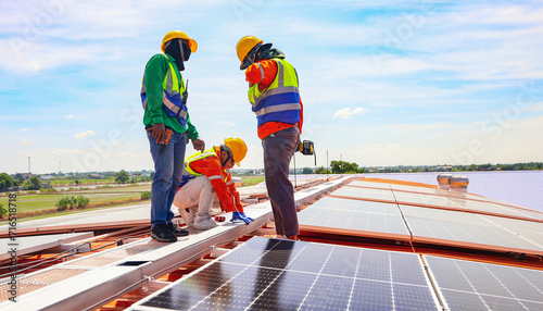 Team engineers electricians technician work team on the rooftop industrial plant installing solar panels alternative energy using electric drills firmly fixing cable tracks generating electricity.