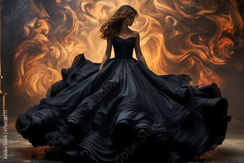 A bold and dramatic shot of a model in a voluminous black ball gown, creating a sense of grandeur against a dark and mysterious background