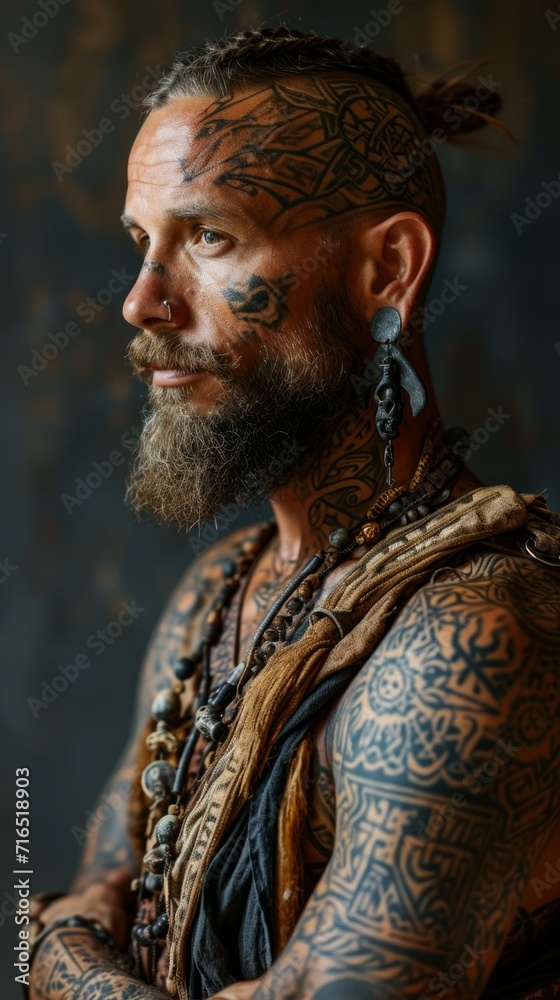 Portrait of a man with extensive traditional tattoos on his face and body, deep in thought and looking into the distance. concept: tattoos on the body, fashion traditions