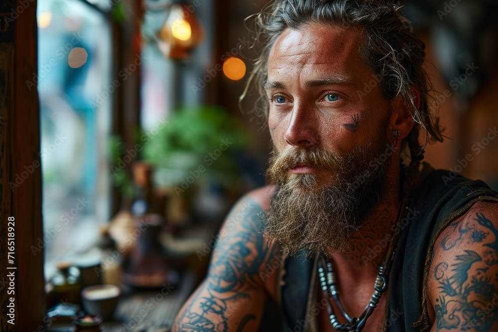 Fototapeta premium Portrait of a man with extensive traditional tattoos on his face and body, deep in thought and looking into the distance. concept: tattoos on the body, fashion traditions