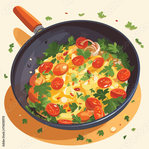Omelette Scrambled Eggs as Tasty Dishes with Egg Ingredient Served in Frying Pan Vector Illustration © baobabay