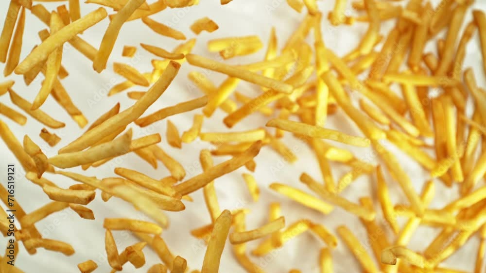 Super Slow Motion of Flying French Fries up in the Air on White Background. Filmed on High Speed Cinema Camera, 1000 fps. Speed Ramp Effect. Super Slow Motion of Flying French Fries up in the Air on White Background. Filmed on High Speed Cinema Camera, 1000 fps. Speed Ramp Effect.