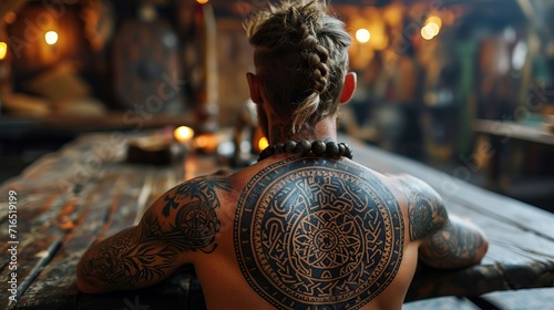 The back of a man with an expressive circular tattoo on his back, sitting in a semi-decayed interior, away from the camera, creating a feeling of concentration and introspection.