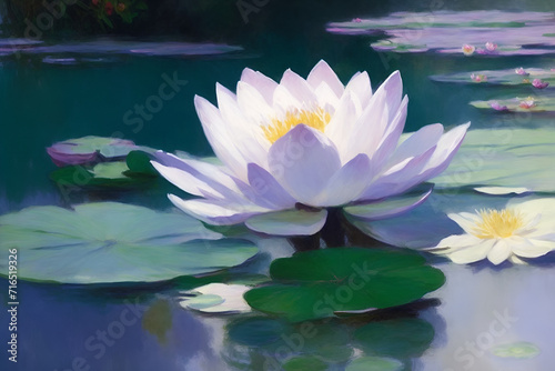 Watercolor painting depicts a beautiful white lotus flower in a pond