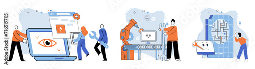Computer troubleshooting. Vector illustration. Technicians provide technical assistance to users experiencing computer problems The computer troubleshooting metaphor represents intricate nature