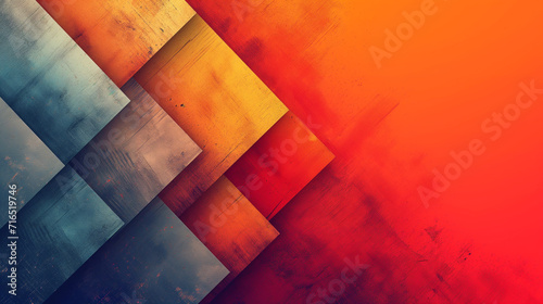 Vibrant Abstract Art: Blue and Yellow Blocks Against a Fiery Red and Orange Gradient Background
