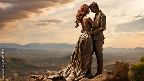 Atop a mountainous vantage point, a non-deformed human couple embraces romantically while gazing at the awe-inspiring view, their gestures conveying a profound sense of unity and admir - Generative AI photo
