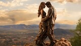 A scenic overlook atop a mountain, a romantic non-deformed human couple embracing as they gaze at the breathtaking view, a sense of unity and admiration evident in their gestures - Generative AI