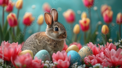 Small ,baby rabbit in easter basket with fluffy fur and easter eggs in the fresh