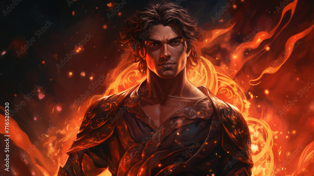 A warrior on a fiery background.