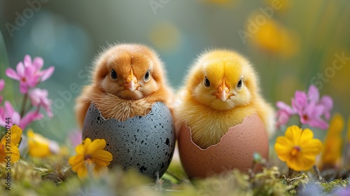 Blue, yellow, white eggs in the nest and yellow chicks on a green background. © Vasiliy