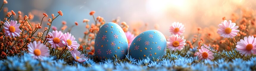 Beautiful postcard with easter decoration and painted colorful easter eggs. Banner