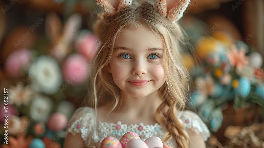 Cute little child wearing bunny ears on Easter day. Girl holding basket with painted eggs Cute little child wearing bunny ears on Easter day. Girl holding basket with painted eggs