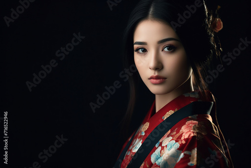 Photo of stunning lovely chinese girl wear traditional kimono isolated on black color background generative AI