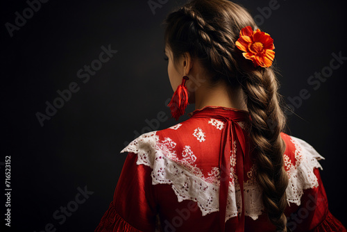 Generative AI picture of gorgeous lady wearing a vibrant mexican costume colorful patterns and traditional attire photo