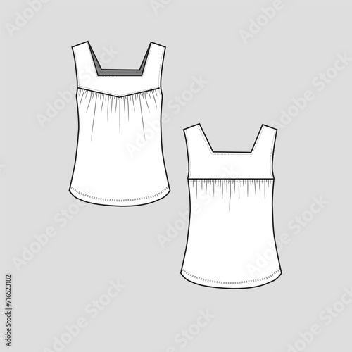 Sleeveless square neck top gatherings detail vest tank singlet fashion clothing flat sketch technical drawing template design vector